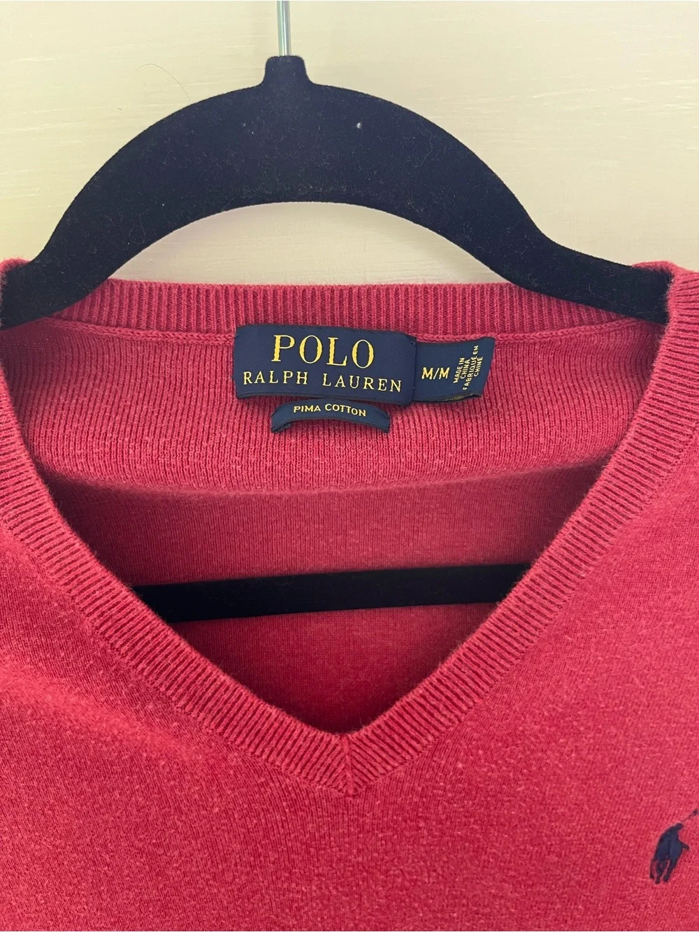 Polo Ralph Lauren Men's Med V-Neck Sweater Deep Red with Navy Logo Pima Cotton